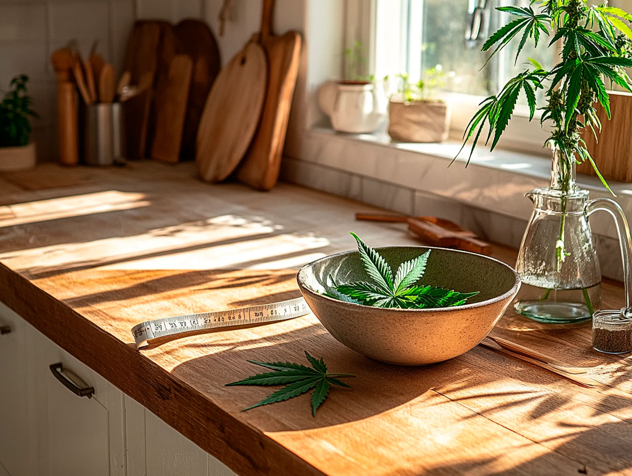 A fitness mat and dumbbells beside a cannabis leaf laid out on a workout bench, symbolizing combining exercise with weed and weight loss strategies.