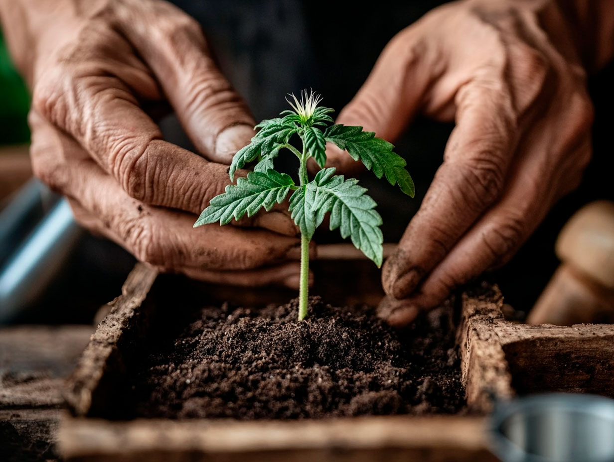 Gardener placing a young cannabis plant into an outdoor garden bed, illustrating the process of transplanting cannabis seedlings with care.