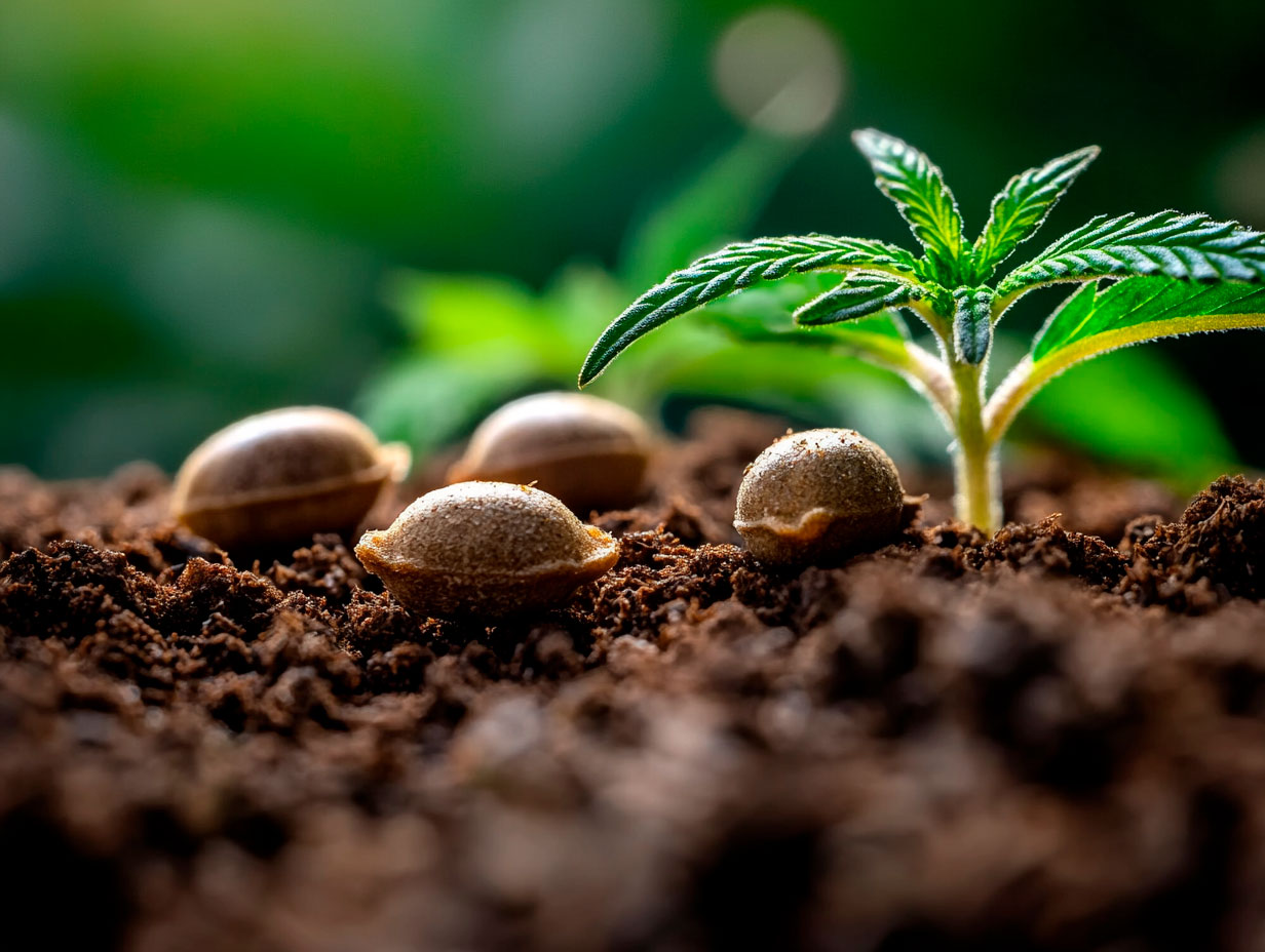 Four stages of an autoflower cannabis plant growing outdoors, from seed to flowering, helping visualize what are autoflower seeds and how they develop.