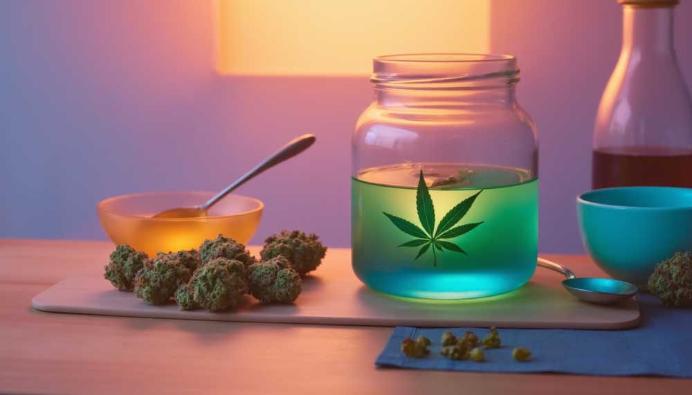 Realistic image showing how to make cannabis oil at home using buds, olive oil, and simple tools—perfect for beginners learning the extraction process.